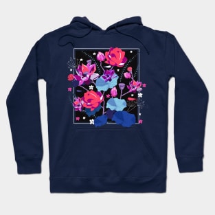 Dragon flies and Lotus Flowers motif-pink purple and blue in black Hoodie